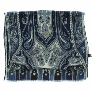 ETRO ストール マフラー 絹 シルク 薄手 総柄 紺 ネイビー ライトグレー
