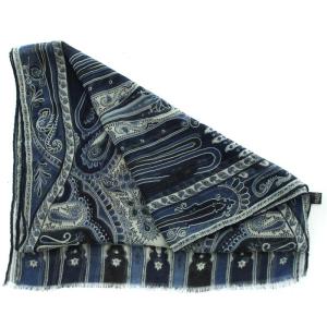 ETRO ストール マフラー 絹 シルク 薄手 総柄 紺 ネイビー ライトグレー