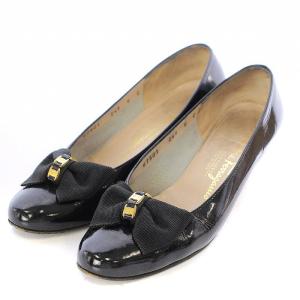 パンプス ヒール ラウンドトゥ ヴァラリボン エナメル 6 23.5cm 黒 ブラック