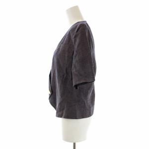 YVES SAINT LAURENT ヴィンテージ スーツ セットアップ 上下 ノーカラージャケット 半袖 ダブル 金ボタン タイトスカート ひざ丈 麻 リネン