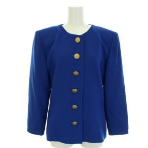 YVES SAINT LAURENT スーツ セットアップ 上下 ノーカラージャケット スカート ひざ丈 タイト ヴィンテージ ウール M 青 ブルー ゴールド
