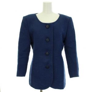 YVES SAINT LAURENT サンプル品 スーツ セットアップ 上下 ノーカラージャケット スカート ひざ丈 タイト ジャガード 総柄 ヴィンテージ 青