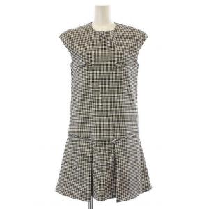 フレアワンピース ひざ丈 フレンチスリーブ バックジップ 千鳥柄 38 M 黒 ブラック アイボリー