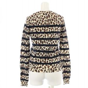 MUVEIL ニットカーディガン 長袖 クルーネック 薄手 レオパード ヒョウ柄 ボーダー パールボタン ウール 38 M ベージュ 紺