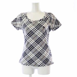 カットソー Tシャツ ボートネック 半袖 刺繍 ロゴ チェック 38 M 白 ホワイト 紺 ネイビー マルチカラー