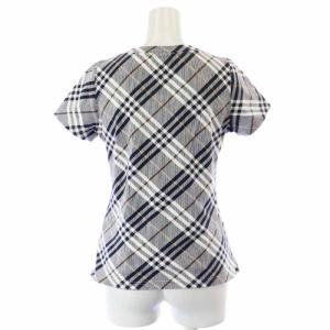 BURBERRY BLUE LABEL カットソー Tシャツ ボートネック 半袖 刺繍 ロゴ チェック 38 M 白 ホワイト 紺 ネイビー マルチカラー