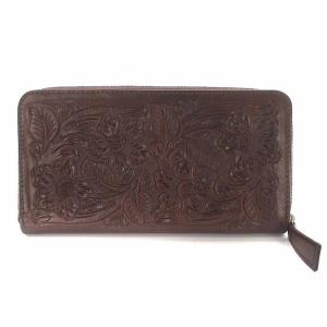 長財布 小銭入れ ラウンドファスナー レザー 型押し 花柄 茶 ブラウン