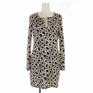 ワンピース ミニ チュニック タイト 総柄 長袖 シルク プルオーバー 0 XS 紺 ネイビー