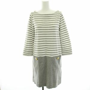 ワンピース ボーダー 七分袖 ミニ 肩サイドボタン 38 M 白 ホワイト グレー