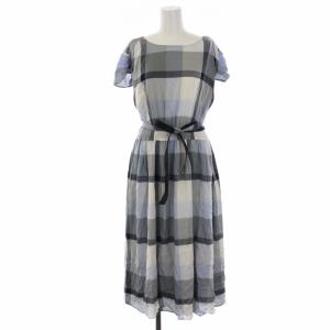 ワンピース ロング 半袖 チェック ウエストリボン 36 S 青 ブルー 55J01-600-23