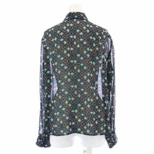Leilian ブラウス シャツ 長袖 シースルー シアー フリル 総柄 大きいサイズ 13+ L 黒 ブラック 緑 グリーン
