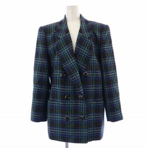 テーラードジャケット ダブル 肩パッド ウール チェック 11 L 黒 ブラック 緑 グリーン
