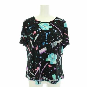 カットソー ブラウス 半袖 花柄 総柄 42 XL 黒 ブラック 水色 ライトブルー
