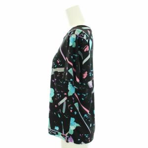 LEONARD SPORT カットソー ブラウス 半袖 花柄 総柄 42 XL 黒 ブラック 水色 ライトブルー