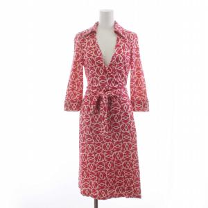 vintage ワンピース ラップ カシュクール 絹 シルク ひざ丈 長袖 2 M 総柄 ピンク