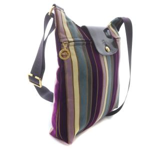 Longchamp ショルダーバッグ ポシェット 斜めがけ マルチストライプ ベロア レザー 紫 パープル アイボリー マルチカラー OF
