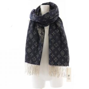 russet ストール マフラー モノグラム フリンジ ウール 紺 ネイビー グレー