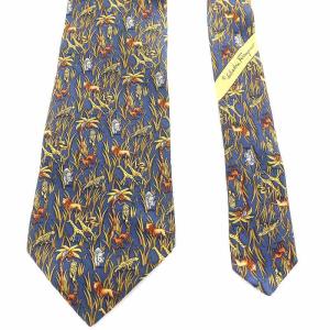 Salvatore Ferragamo ワイドタイ ネクタイ アニマル柄 サファリ ライオン キリン サイ シルク 絹 紺 ネイビー