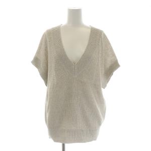 22SS リネンVネックニットベスト プルオーバー フレンチスリーブ 透かし編み 麻 38 M ライトベージュ KRWONM0452