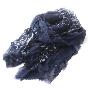 ストール マフラー 絹 シルク ペイズリー 紺 ネイビー 白 ホワイト 黒 ブラック