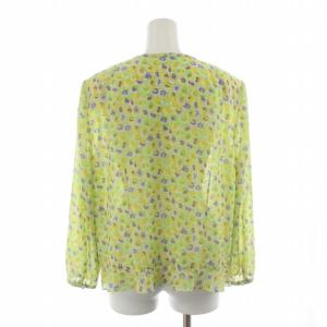 Leilian ブラウス シャツ クルーネック 花柄 七分袖 13+ XL 黄緑 イエローグリーン