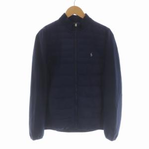 中綿ジャケット ジップアップ ハイネック キルティング 切替 ワンポイント XL 紺 ネイビー 白 ホワイト GY09