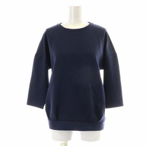 カットソー Tシャツ 七分袖 クルーネック プリーツ ピンタック 切替 絹 シルク 42 L 紺 ネイビー