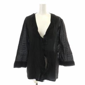 カーディガン 長袖 Vネック フリル 絹 シルク混 ボーダー 大きいサイズ 13+ 2L 黒 ブラック