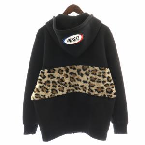 DIESEL パーカー ジップアップ 長袖 切替 ボア ヒョウ柄 レオパード XS 黒 ブラック ベージュ