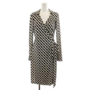 カシュクールワンピース ひざ丈 長袖 総柄 シルク 絹 6 L 白 ホワイト 黒 ブラック