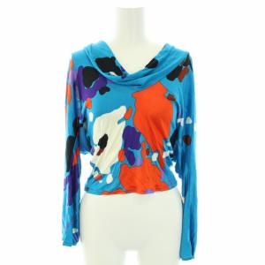 GIANNI VERSACE セットアップ 上下 カットソー ブラウス オフタートル 長袖 スカート ひざ丈 フレア 総柄 38 XS 青 ブルー 水色