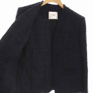 ESTNATION スーツ セットアップ 上下 ツイード ノーカラージャケット ひざ丈 スカート 40 L 紺 ネイビー