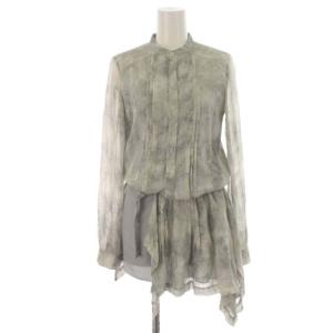チュニック フレア プリーツ バンドカラー シフォン シルク100% シアー 長袖 ベルト 38 M ライトグレー