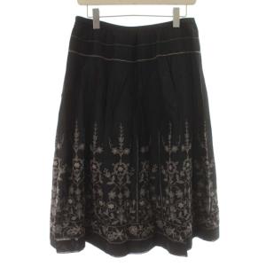 Leilian スカート フレア プリーツ ひざ丈 花柄 刺繍 13+ 大きいサイズ 黒 ブラック