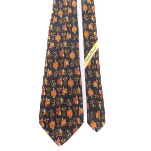 Salvatore Ferragamo ネクタイ レギュラータイ 総柄 絹 シルク 黒 ブラック オレンジ 黄色 イエローマルチカラー GY09 OH