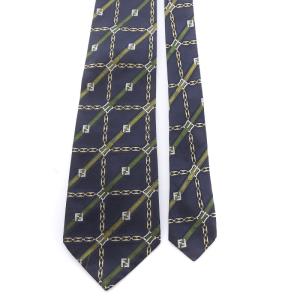 FENDI ネクタイ ワイドタイ ベルト チェーン ズッカ柄 絹 シルク 紺 ネイビー 緑 グリーン 黄色 イエロー グレー GY09
