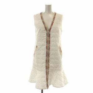 ベスト ジレ 中綿 キルティング ジップアップ ロング Vネック フレア 刺繍 0 S 白 ホワイト マルチカラー
