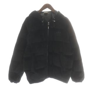 ダウンジャケット キルティングジャケット ジップアップ フード ロゴ刺繍 ベロア S?M 黒 ブラック