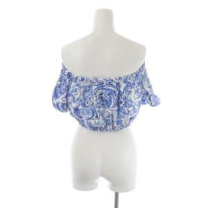 PRADA カットソー オフショルダー 半袖 総柄 36 XXS 青 ブルー 白 ホワイト GY09