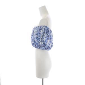 PRADA カットソー オフショルダー 半袖 総柄 36 XXS 青 ブルー 白 ホワイト GY09