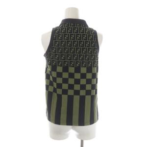 FENDI ズッカ ポロシャツ カットソー ノースリーブ チェック ストライプ 40 M カーキ 黒 ブラック GY09