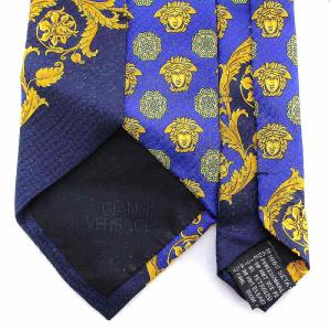 GIANNI VERSACE ネクタイ レギュラータイ 総柄 シルク 紺 ネイビー 黄色 イエロー