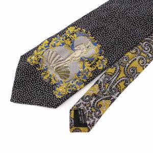 GIANNI VERSACE ネクタイ シルク ドット柄 刺繍 総柄 黒 ブラック 黄色 シルバー