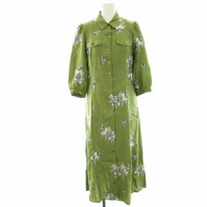 20SS フラワー刺繍シャツワンピース 花柄 ロング マキシ 七分袖 36 S 緑 グリーン 01202 31013-00