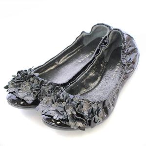 バレエシューズ ラウンドトゥ エナメル フラワー装飾 23cm 黒 ブラック