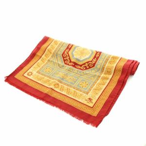 ETRO ストール マフラー フリンジ 総柄 ウール 絹混 シルク混 赤 レッド 黄 イエロー