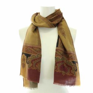 ETRO ストール マフラー フリンジ 総柄 ウール 絹混 シルク混 茶 ブラウン 赤 レッド