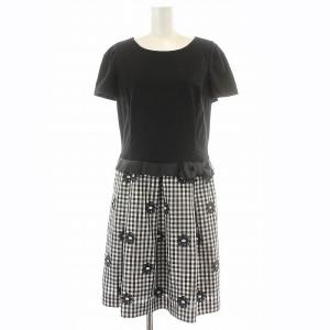 2019年製 ワンピース フレア ミニ丈 半袖 ギンガムチェック 花柄 リボン 42 XL 黒 ブラック