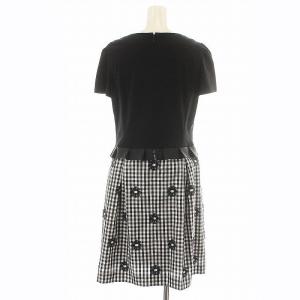 M'S GRACY 2019年製 ワンピース フレア ミニ丈 半袖 ギンガムチェック 花柄 リボン 42 XL 黒 ブラック