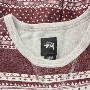 STUSSY スウェット トレーナー プルオーバー 半袖 クルーネック 総柄 L ボルドー アイボリー